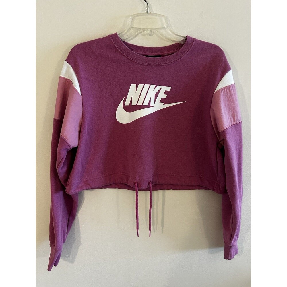 Womens Nike Sports Wear Fleece Crop Long Sleeve Top Size S Pink Cotton